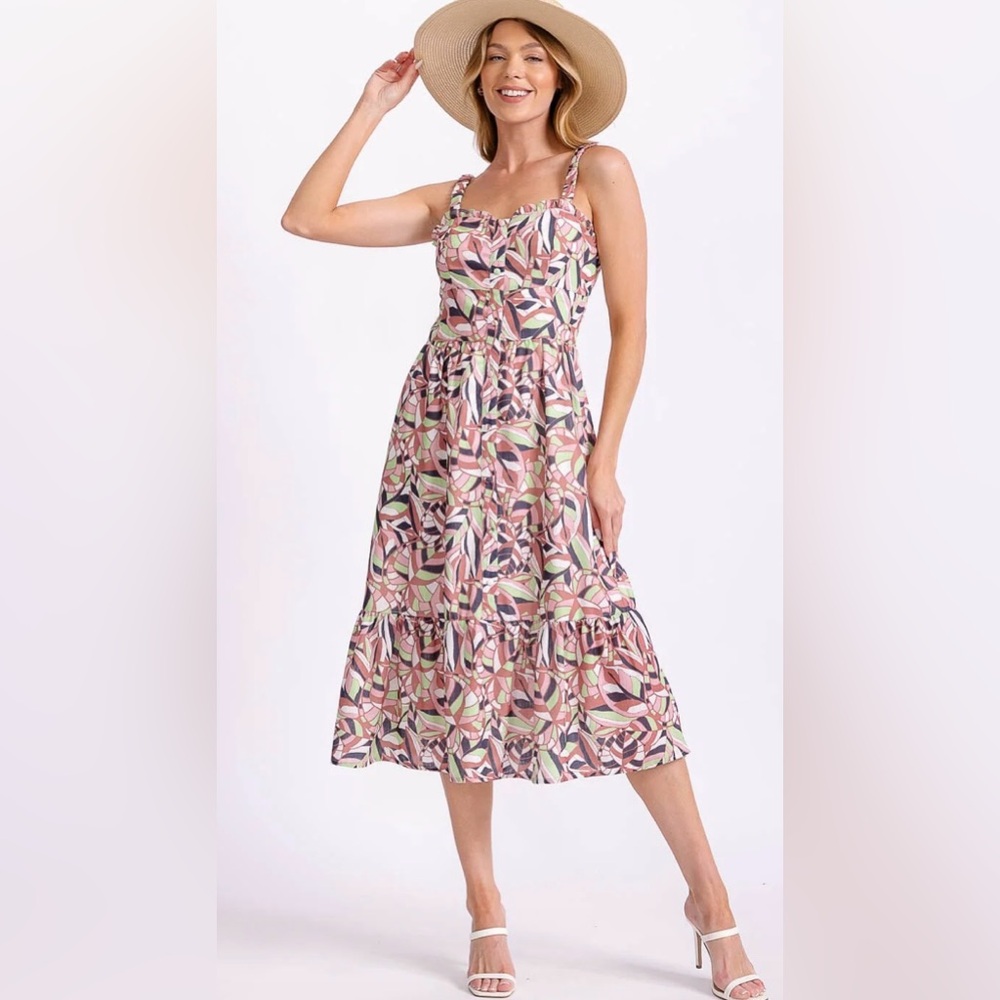 WOMEN'S SLEEVELESS BUTTON UP MULTI PRINT MIDI DRESS